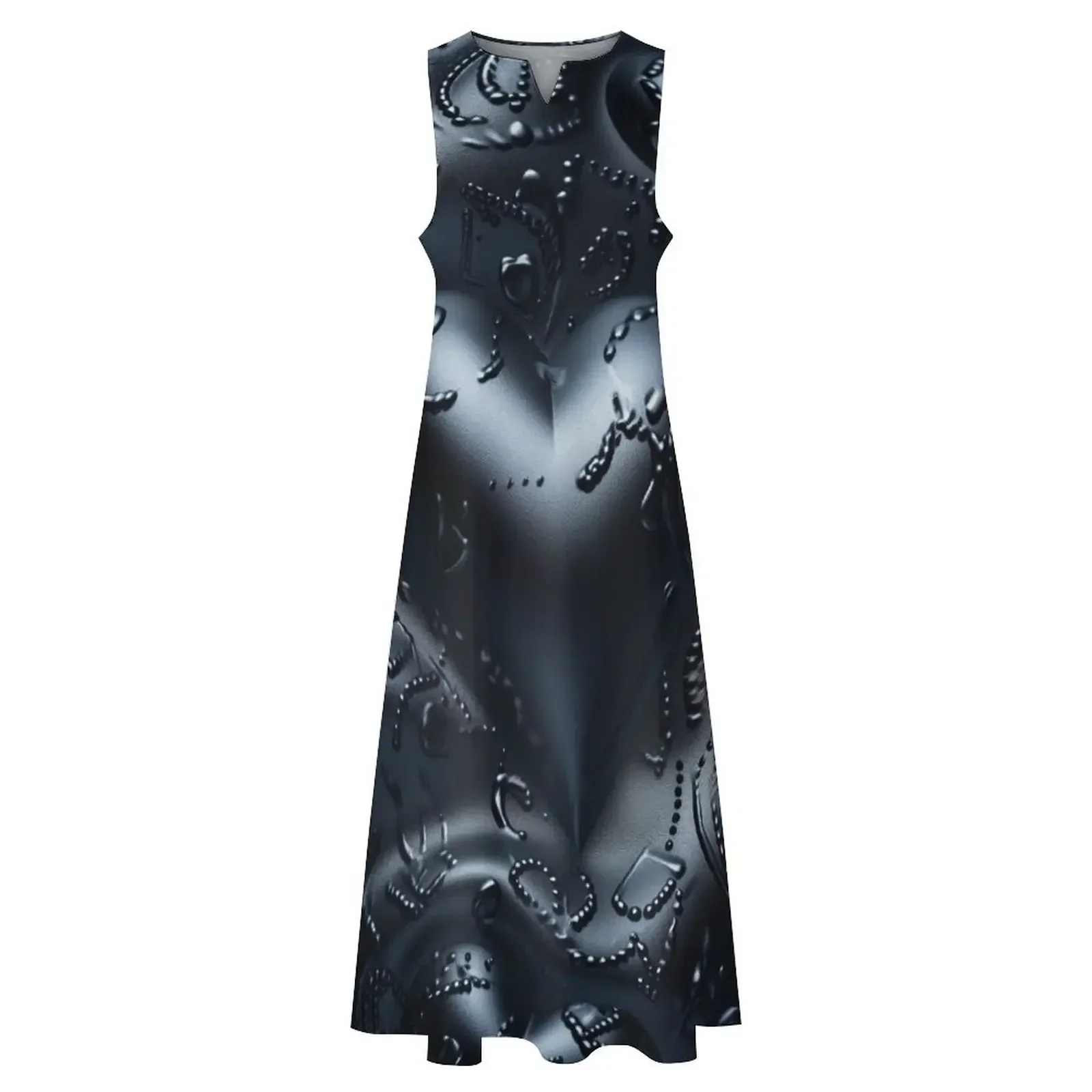 Robe longue en cuir noir avec texture de cœurs, robe de soirée de luxe pour femmes, robe de bal