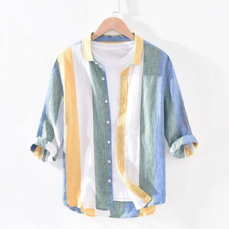 

Summer Thin Linen ort Sve Men's Striped Color Blo Casual Faion Loose Top irt Versatile Trendy Youth lin irt