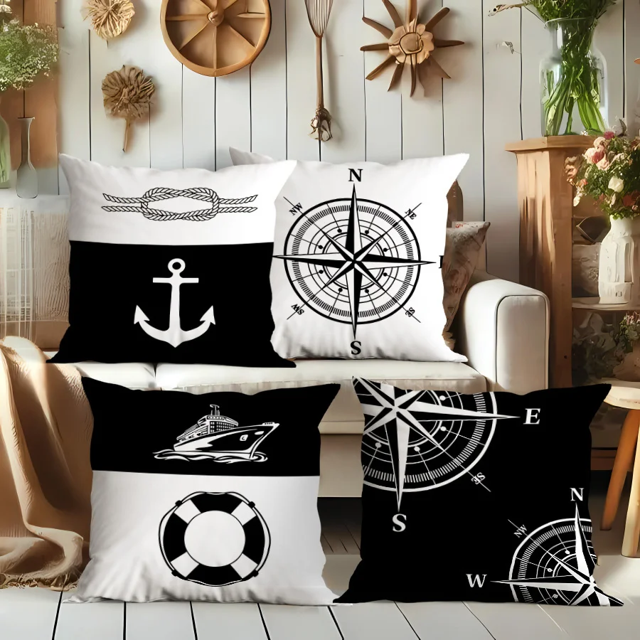 Nautical Coastal Maritime Pillowcase Set Decor Anchor Compass Bedding Throw Pillow Cover for Bedroom Home Accent