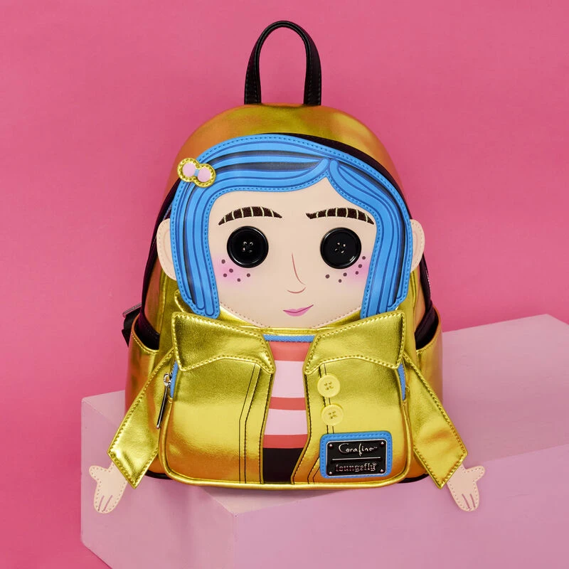 

New Loungefly Caroline Mini Backpack Yellow Raincoat Button Eye Backpack Halloween Bag Elementary School Backpack Gift