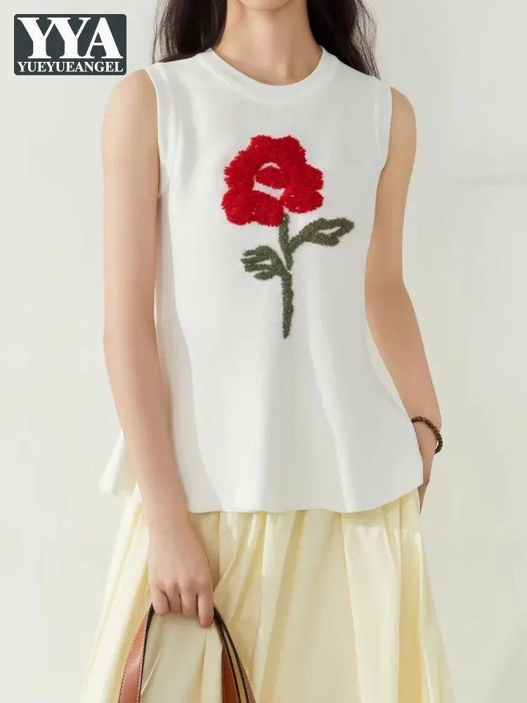 

Sweet Women Floral Embroidery Sleeveless Knitted Tank Tops Slim Fit O Neck Ruffles Vest Comfortable Knitwear Casual T-Shirts