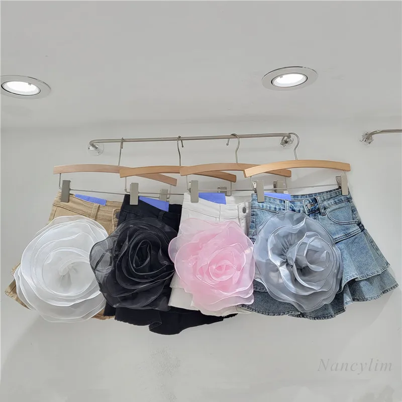 Short Ruffled Skirt with Three-Dimensional Large Flower 2024 Summer A- Type Light Blue Denim Skirt for Women Black White Faldas