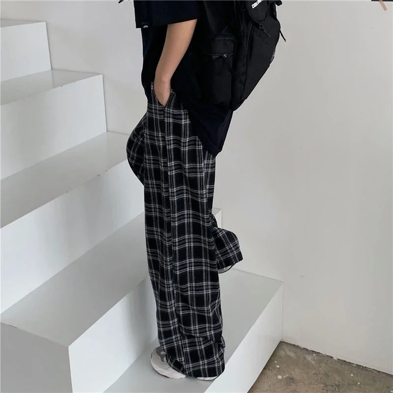 GIDYQ-Pantalon Vintage à Carreaux pour Femme, Mode, artificiel astique, Taille Haute, Droit, FjKorean, Décontracté, Tout Assressenti, BF, Jambes Larges