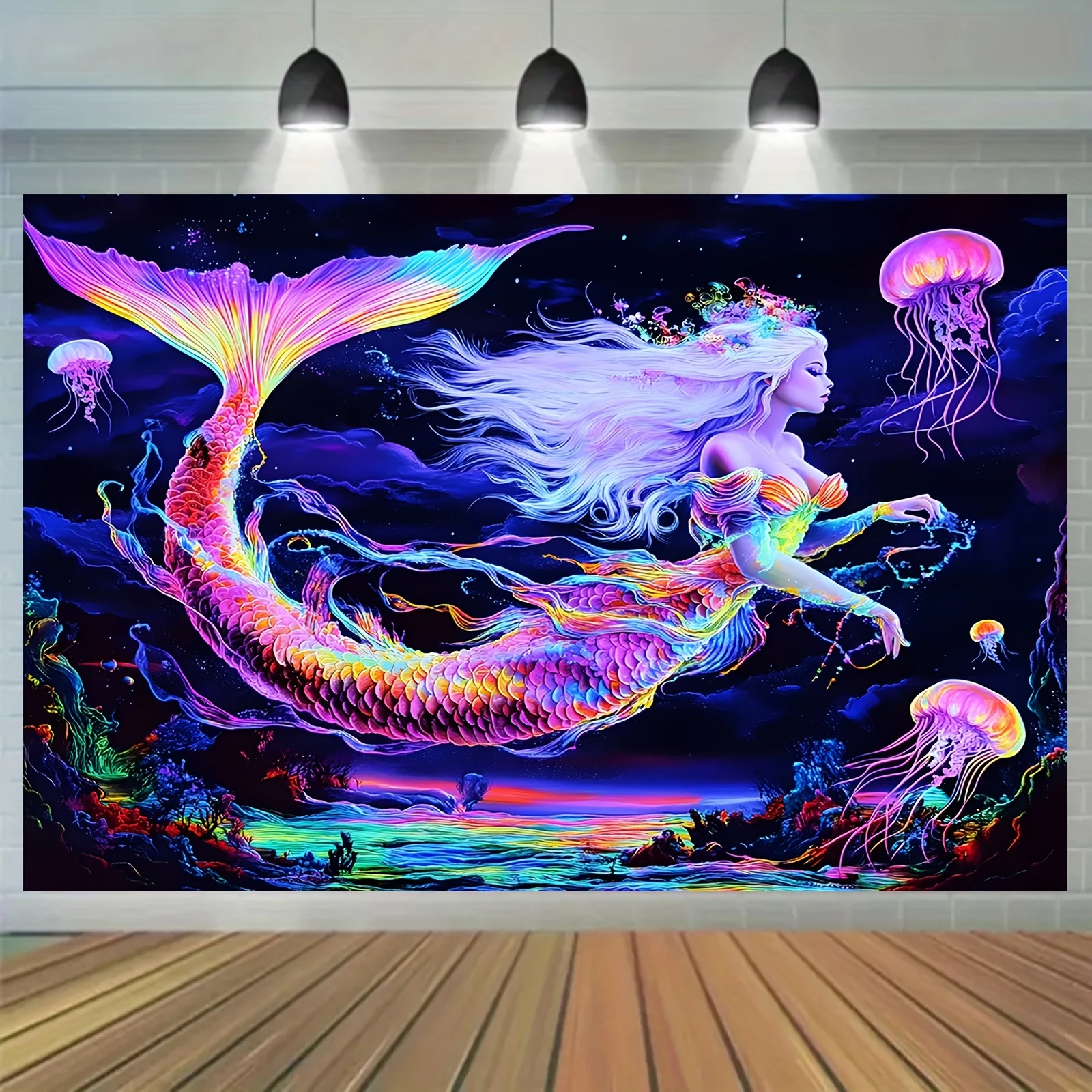 VIKAMA Psychedelic Neon Mermaid Tapestry Black Light Lamp Ocean Print Hanging Cloth Living Room Room Decoration