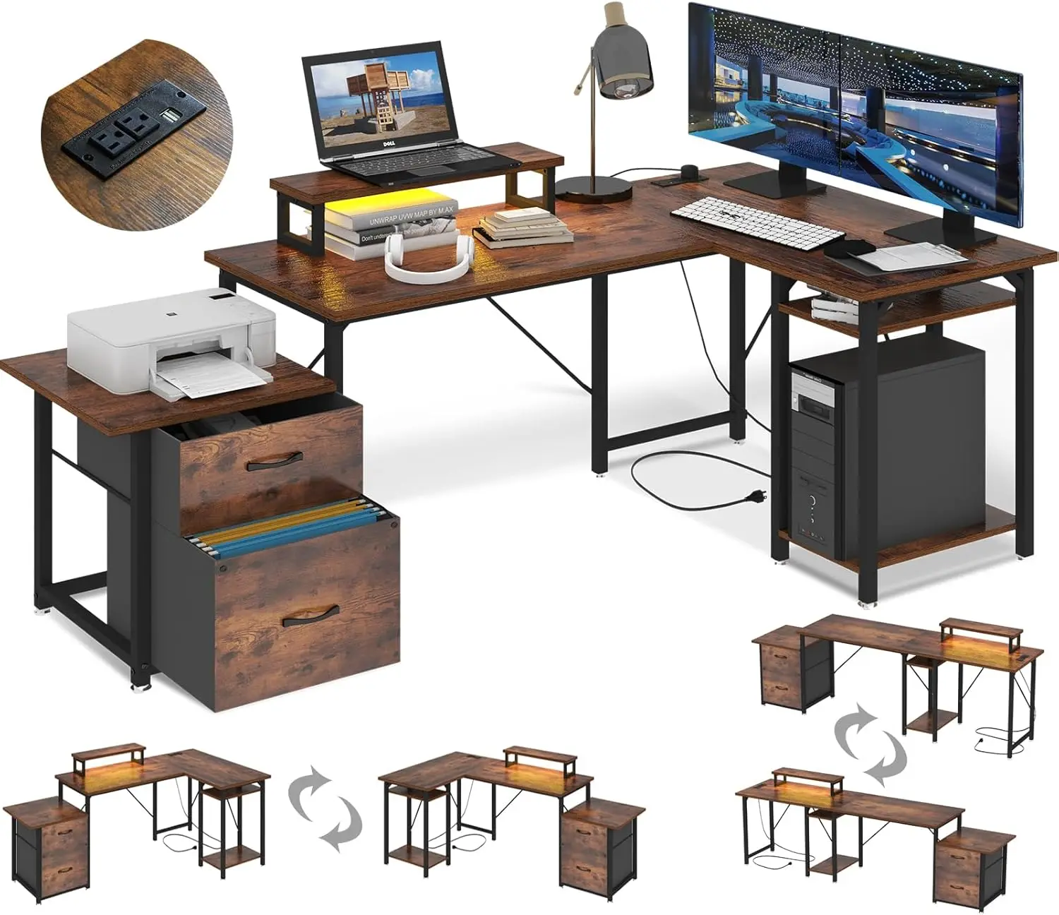 

L Shaped Desk with Drawers, Gaming Desk, Corner Computer Desk with Storage and Power Outlet,Reversible U Shaped Work Pc Desk