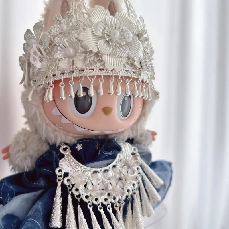 

For 17cm Labubu Clothes Miao Style Set Tie-Dye Ethnic Vinyl V1/V2/V3 Handmade Alloy+Copper Customised Personalisation Pendant