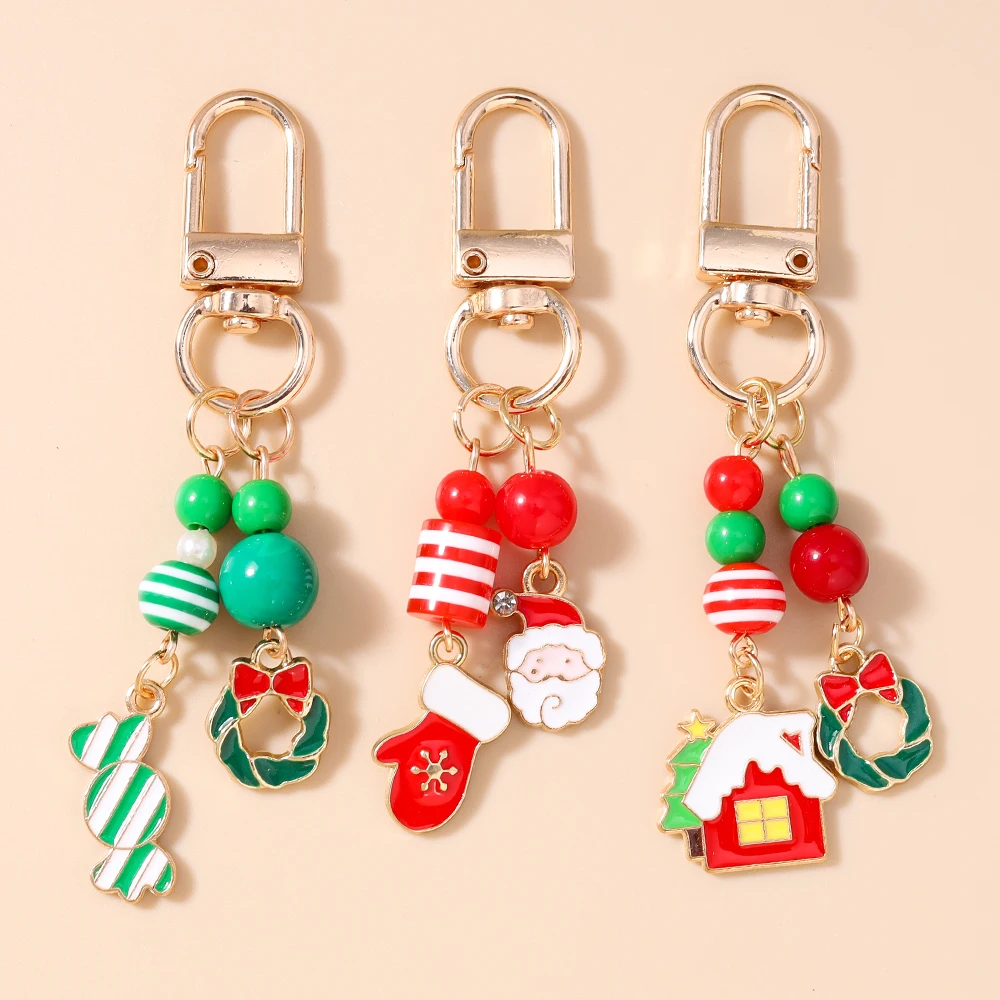 

Fashion Enamel Christmas Keychain Wreath Gloves Santa Claus Key Ring Pendants for Women Girls Handbag Decor DIY Key Chain Gift