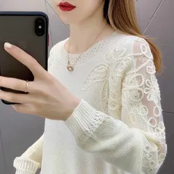 Sweater Women 2022 New Fashion Short Embroidered Pullover Lace Knitwear Thin Loose Openwork Trending Sweater Autumn and Winter