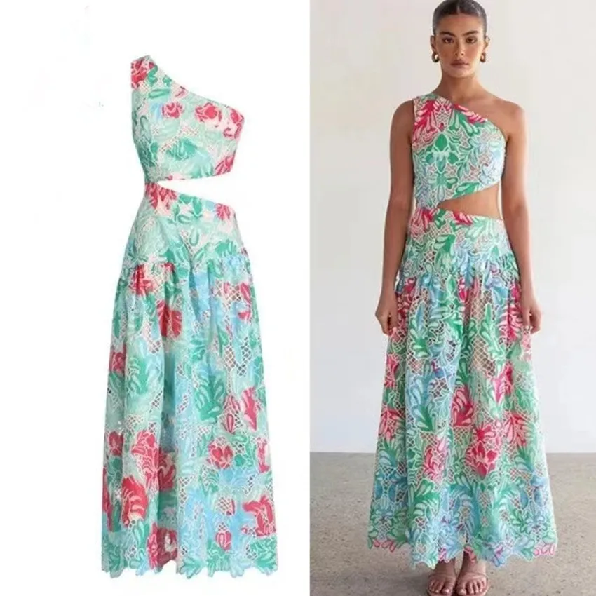 

New Runway Summer Lace Embroidery Flower Print Holiday Long Dress Women Sleeveless Diagonal Collar Hollow Out Waist Party Robe