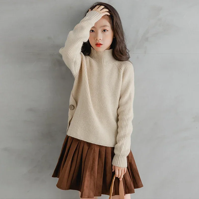 5-14Y Kids Clothes 2023 Spring Solid Color Sweaters for Girls Knitwear Turtleneck Pullover Outerwear Teenage Children Clothing