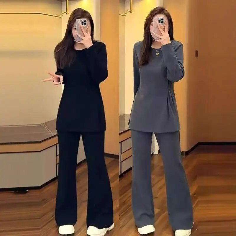 Slimming Waist Casual Long Sleeve Flared Pants Women's plus Size Two-Piece Set Comfortable Breathable Sportswear Ensemble