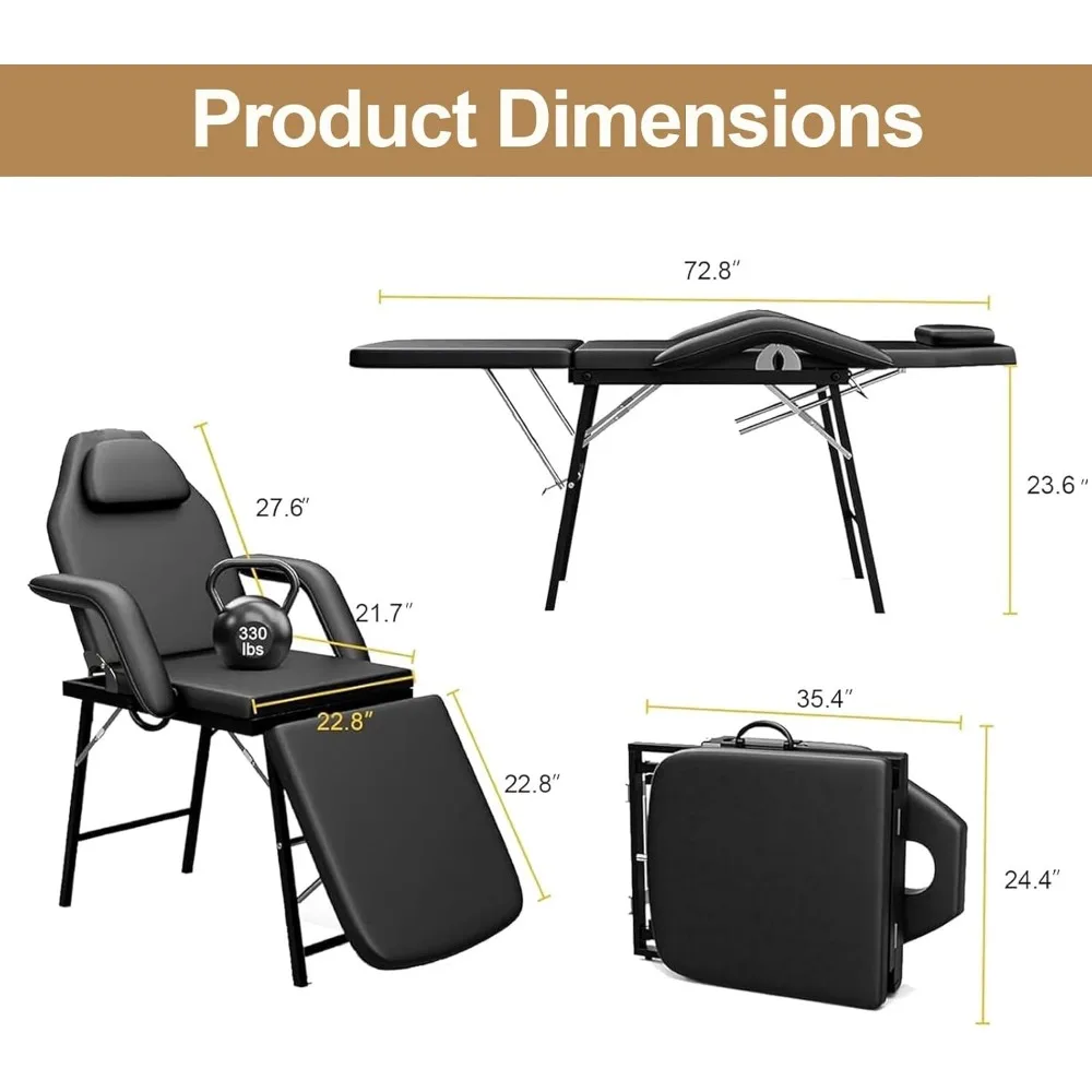 Cama facial de massagem ajustável, encosto de cabeça e braços destacáveis, cadeira de tatuagem portátil para lojas de tatuagem de massagem profissional