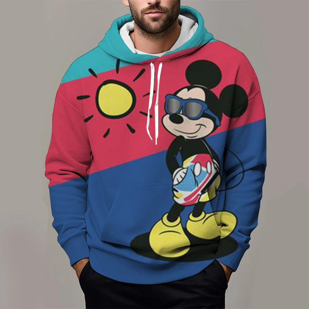 Male Sweatshirts Pocket Mickey Mouse Line Pop Cartoon Print Long Sleeve Clothing Popular Streetwear Men Hoodies Autumn Winter