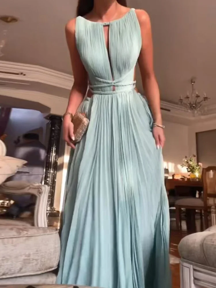 Sleeveless Spring Summer Holiday Maxi Dress, Women O Neck Fashion Chic Party Dress, 2025 Sexy Hollow Out Patchwork Ladies Dress