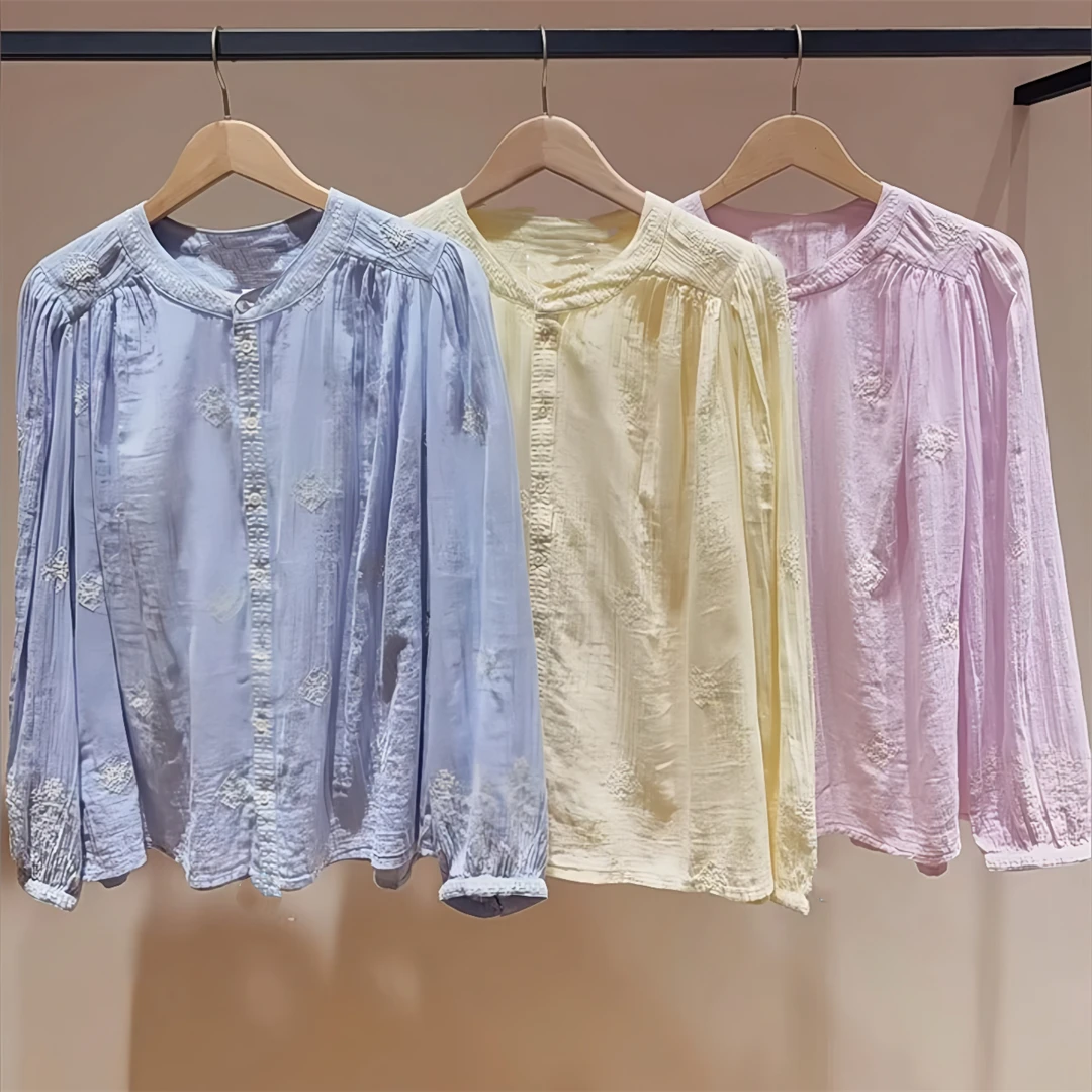 

Paris Bas Pure Color Embroidered Shirt Versatile 3 Colors Spring 2026 Women's Loose Fit Cotton Long Sleeve round Neck Button up