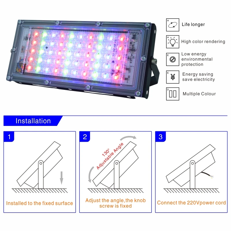 Projecteur LED imperméable avec télécommande, conforme à la norme IP65, éclairage d'extérieur, RVB, AC 220/230/240V, 50W