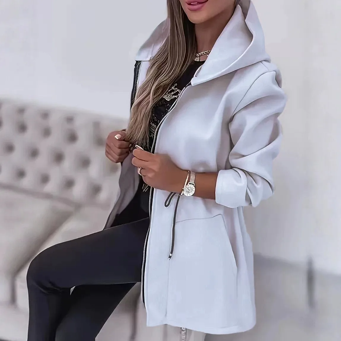 Women's Demi-Season Medium Weight Loose Fit Long Sleeve Solid Color Drawstring Waist Zipper Front Mid Length Jacket with Front