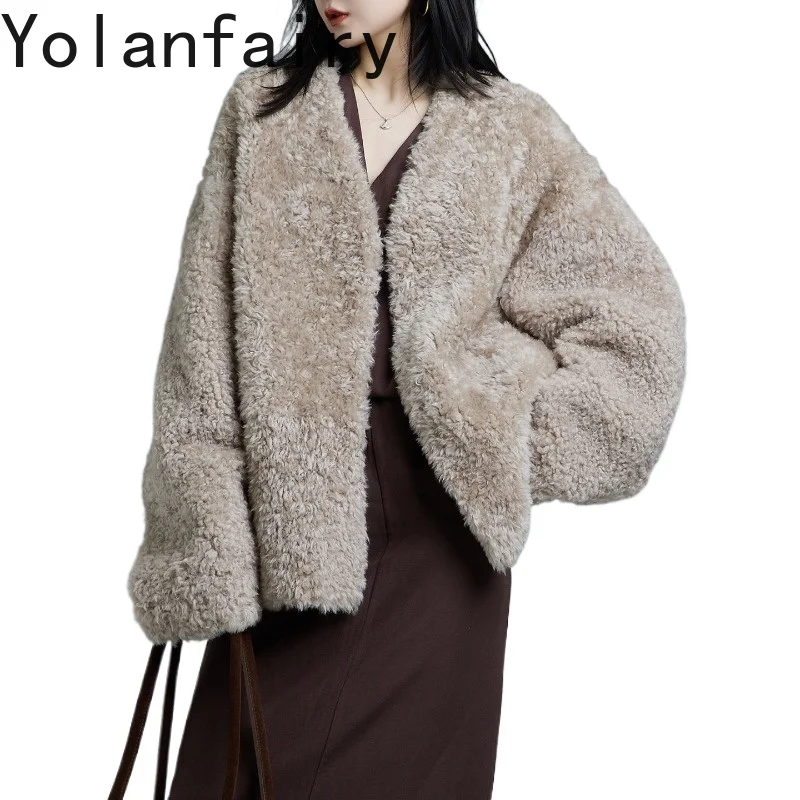 YOLANFAIRY Winter Natural Curly Shearling Coat Oversized Genuine Leather Jacket Women Real Lamb Fur Integrated Coats Outerwear