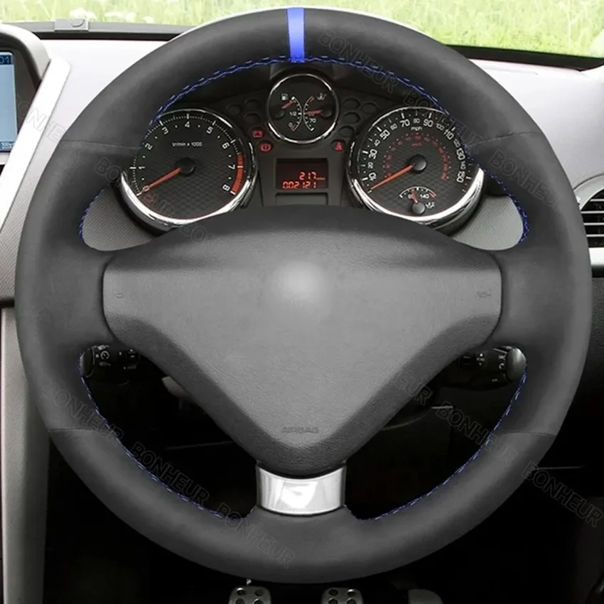 Hand-stitched Black Suede Blue Marker Car Steering Wheel Cover for Peugeot 207 CC 2012 2013 2014