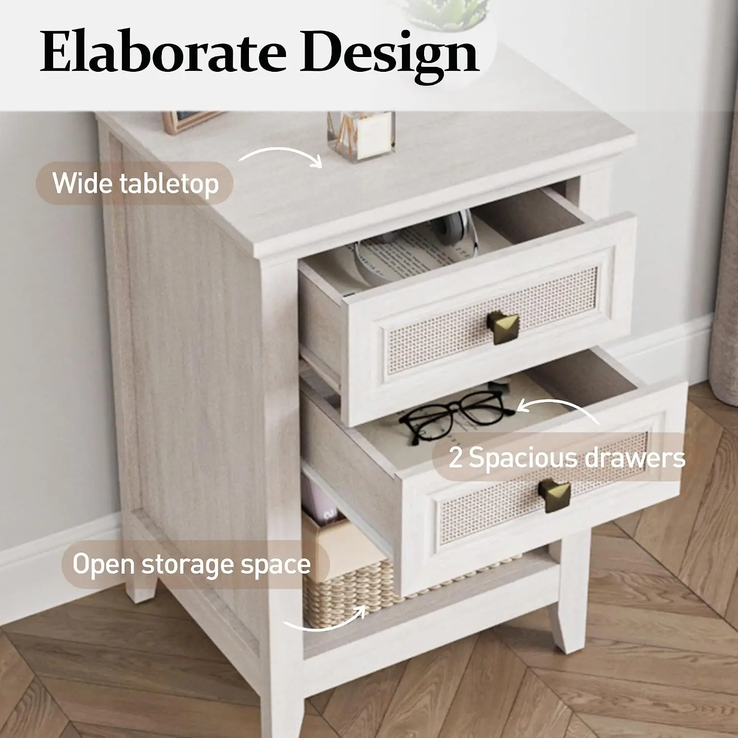 Rattan Nightstand Set of 2 for Bedroom, Boho Bedside Table with 2 Drawers, Accent End Tables with Open Storage, Customized
