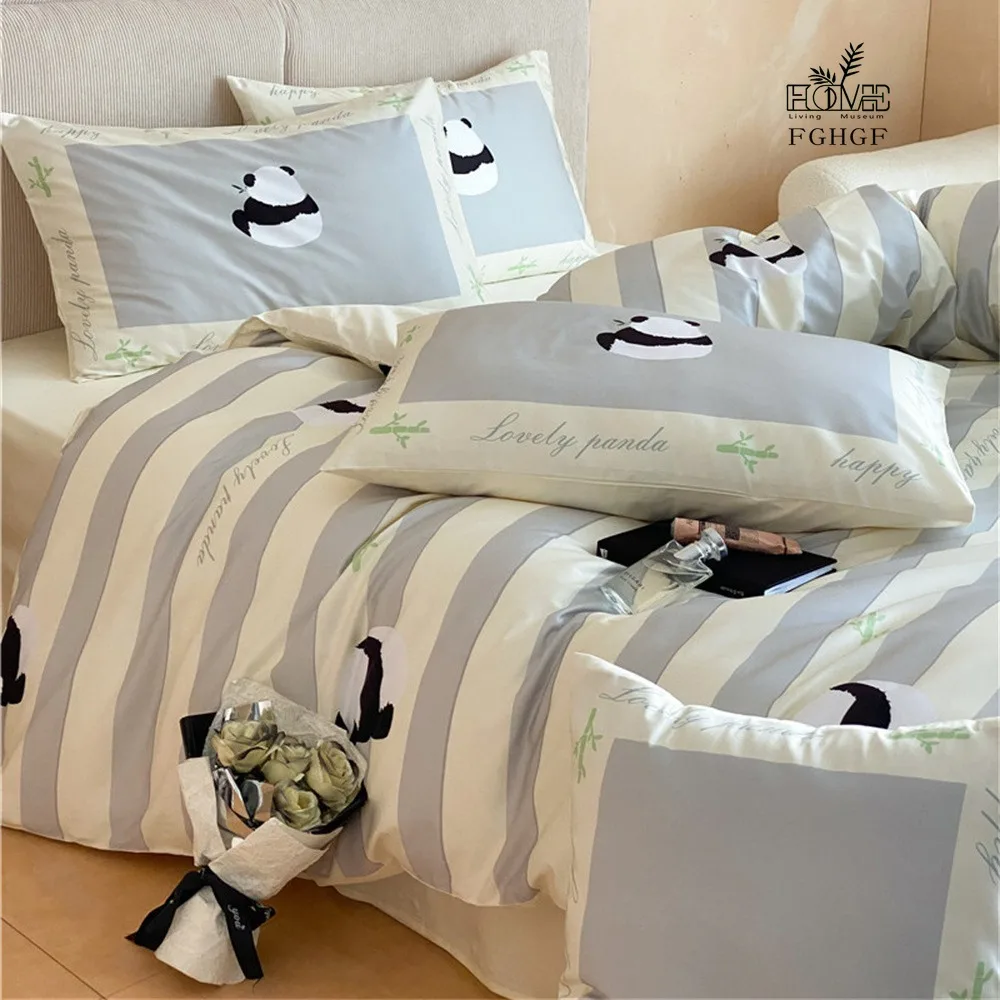 Striped Panda Digital Printing 100 Thread Count Long Staple Cotton Four Piece Cotton Quilt Cover Small Fresh Double Bedding