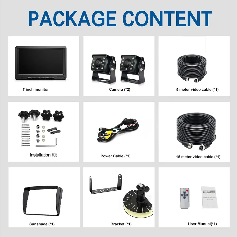 CVBS 4PIN 2-Channel Wide-Angle Waterproof Night Vision Backup Camera 7 Inch IPS Monitor Reverse System for Trucks and Buses manu