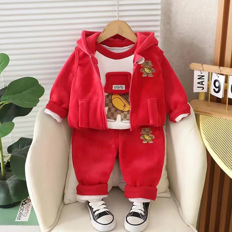 

New Autumn Winter Baby Boy Girl Cartoon Plush Velvet Warm Hooded Vest+Long Sleeve Pullover Shirt+Pants 3pcs Children's Sport Set