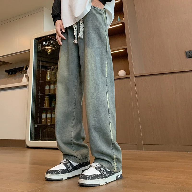 

New Men's Blue Jeans Baggy Fit Straight Leg Denim Trousers 2024 Autumn High Street Fashion Y2K Jean Casual pantalones hombre