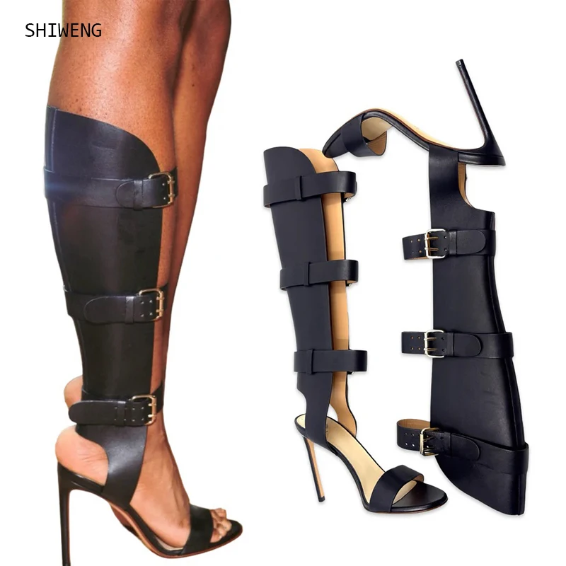 

Women'S Black Pu Leather Open Toe High Heels Round Toe Stiletto Buckle Knee-High Boots Sexy Party Trendy Luxury Sandals Size 44