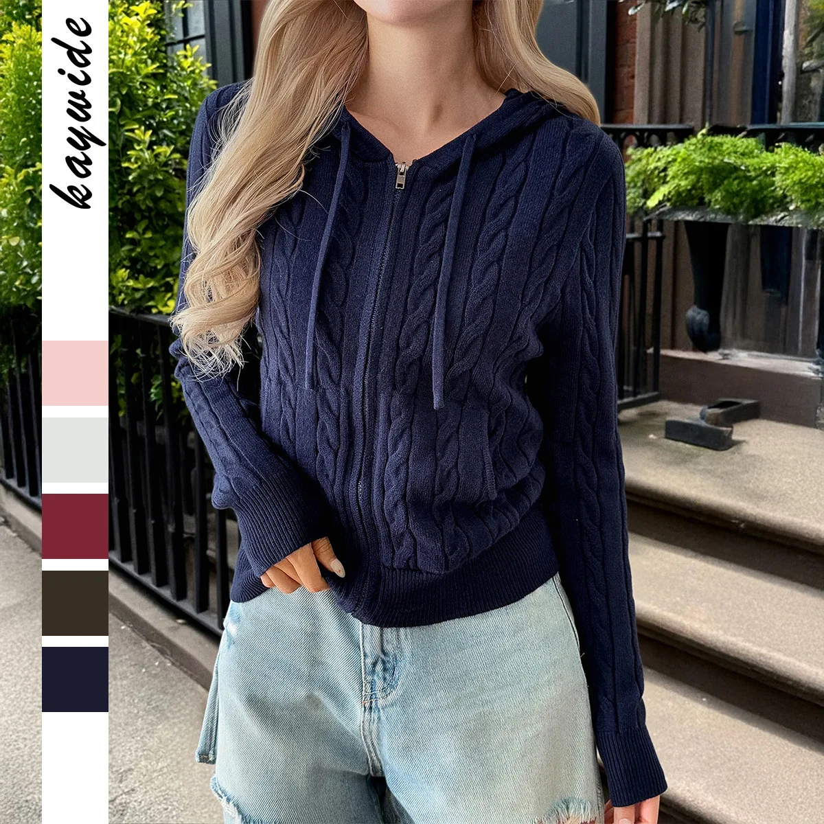 

Women's Clothes Vacation-Style Casual Solid Zipper Hooded Jacket Slim-fit Long-Sleeve O-eck Knit open Stitch 2025 Autumn Winter