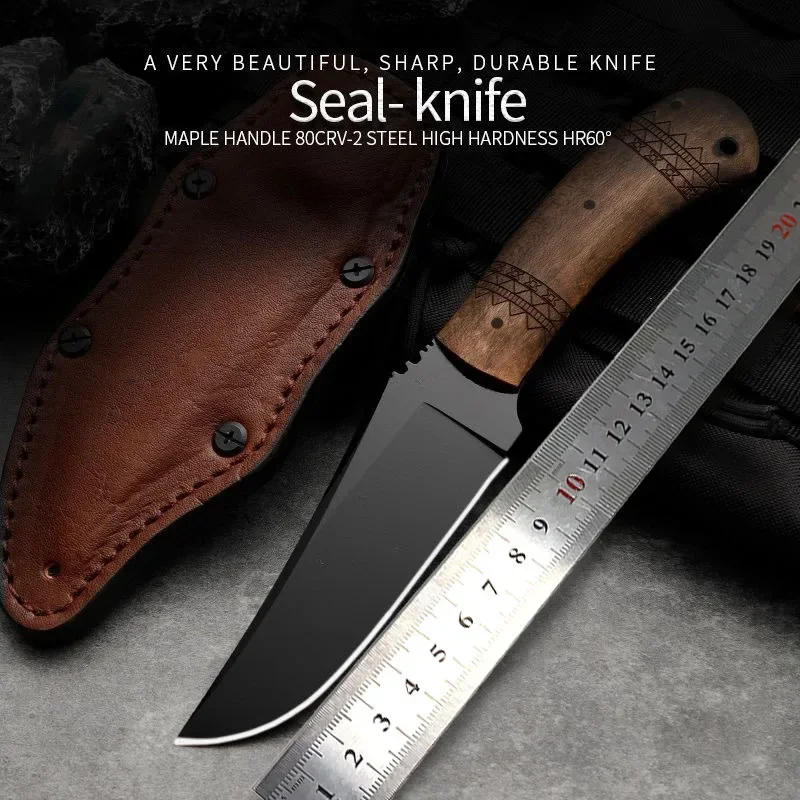 

80CRV2 Steel Powerful Hunting Knife Maple Wood Handle Outdoor Camping Knife Tactical Military Survival Knives With Leather Case