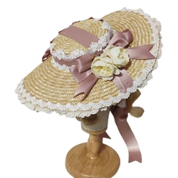 Lace Flat Cap Lolita Flower Headdress Ornaments Ribbon Bow Wide Brim Straw Hat Vintage Cosplay Party Hair Accessories