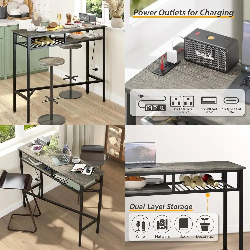 

47.2 Electric Outlet-Equipped Bar Tables, Slim High-Top with Storage and Wine Rack for Compact Spaces, Ideal for Kitchens and Li
