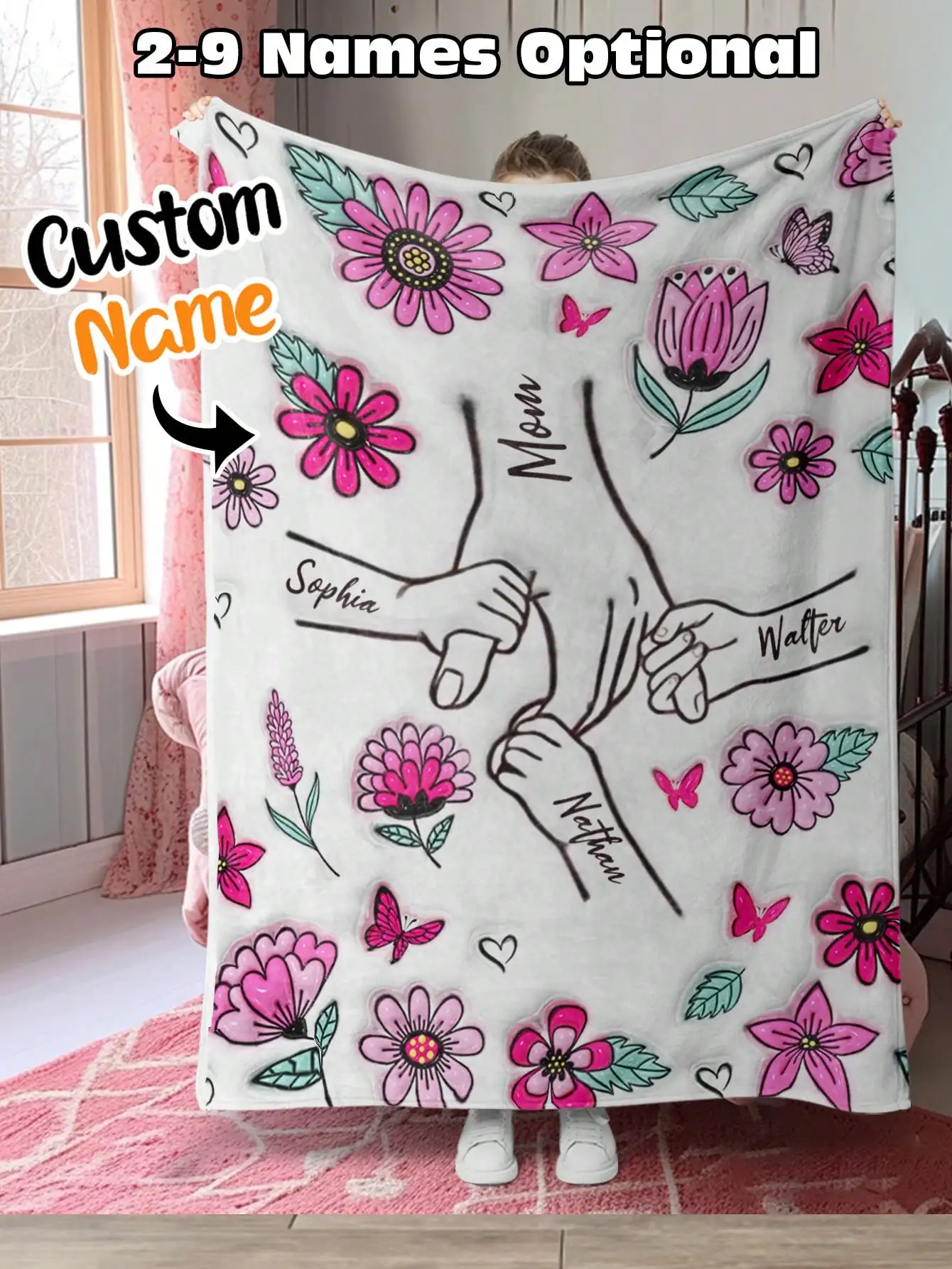Custom Names Flower Blanket Personalized Family Throw Blanket Holding Hands Design Gift for Mom Grandma Wife Anniversary Wedding