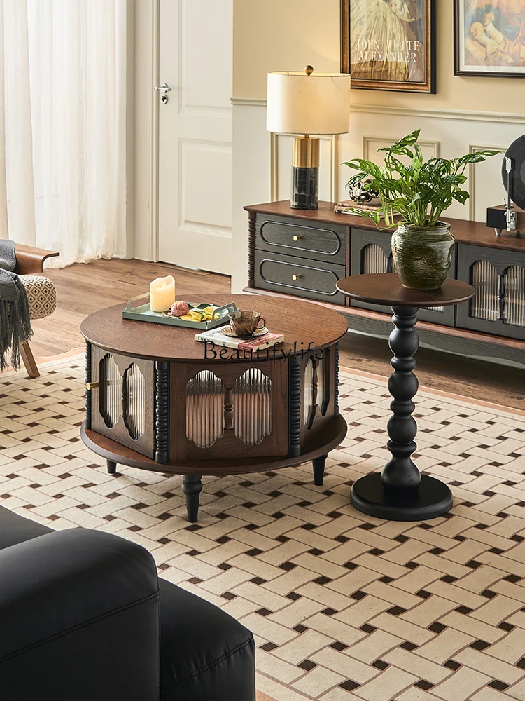 

*French retro solid wood round coffee table combination small apartment household, Changhong glass round table