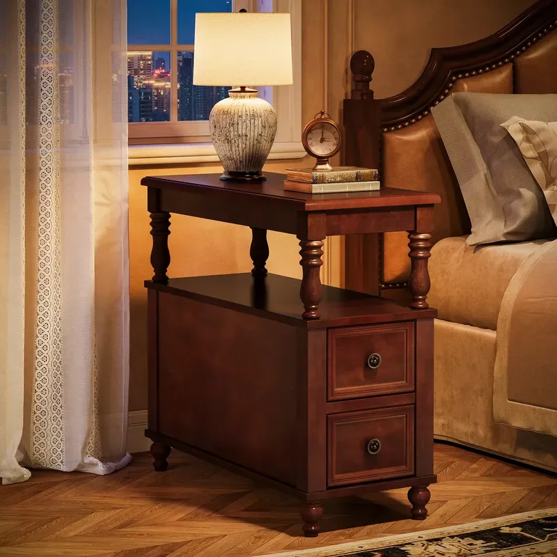 Solid Wood Nightstand with 2 Drawers, Mid-Century Modern Night Stand with Open Shelf, Vintage Bedside Table for Bedroom
