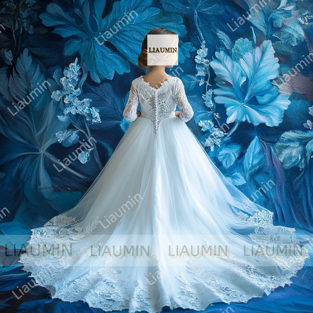 

New Flower Girl Dresses For Wedding Long Sleeve Tulle Princess Lace First Communion Gowns Brithday Skirt Pageant Customized G10