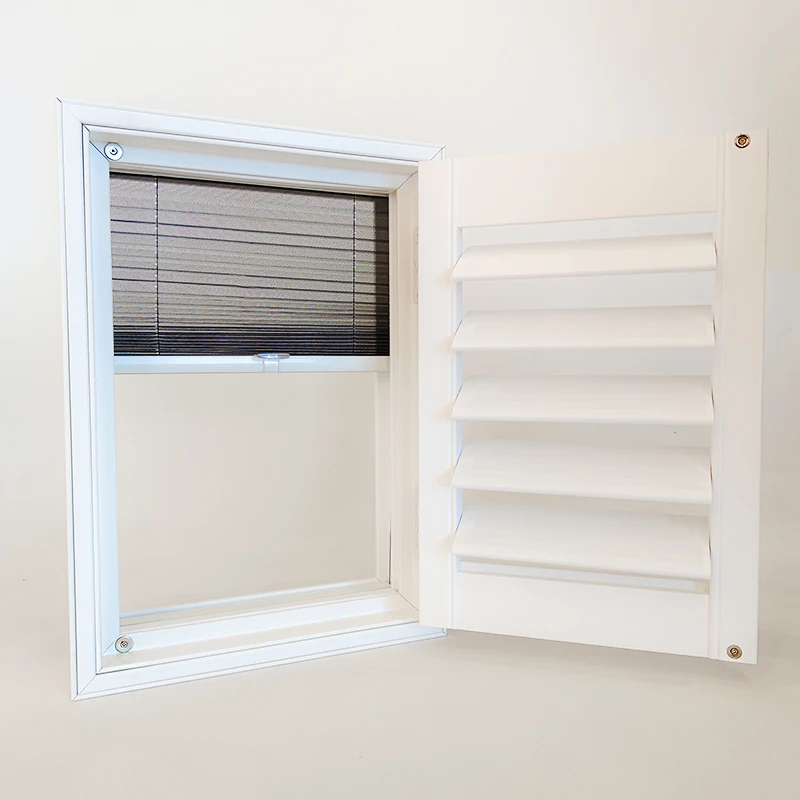 Wooden Shutter with Mosquito Screen & Honeycomb Blind Double Light Blocking Anti-Mosquito Window Shutter