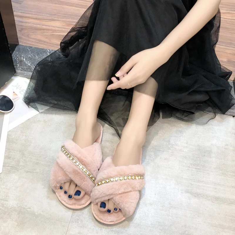 

2023 Fluffy Slippers Women Faux Fur Slides Indoor Slippers Female Flip Flops Plush Sandals Flat Open Toe Luxury Designer Shoes