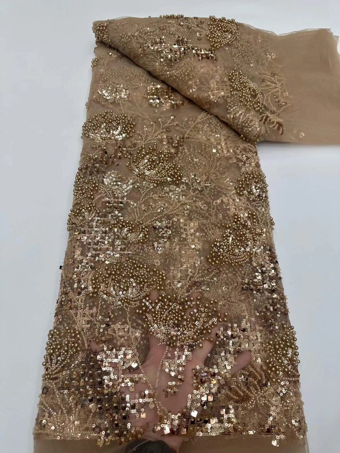 

African Lace Fabrics Nigerian French Mesh Beaded Sequins Fabrics Net Lace High Quality 2025 Sew Evening Dresses for Women 5 Yard