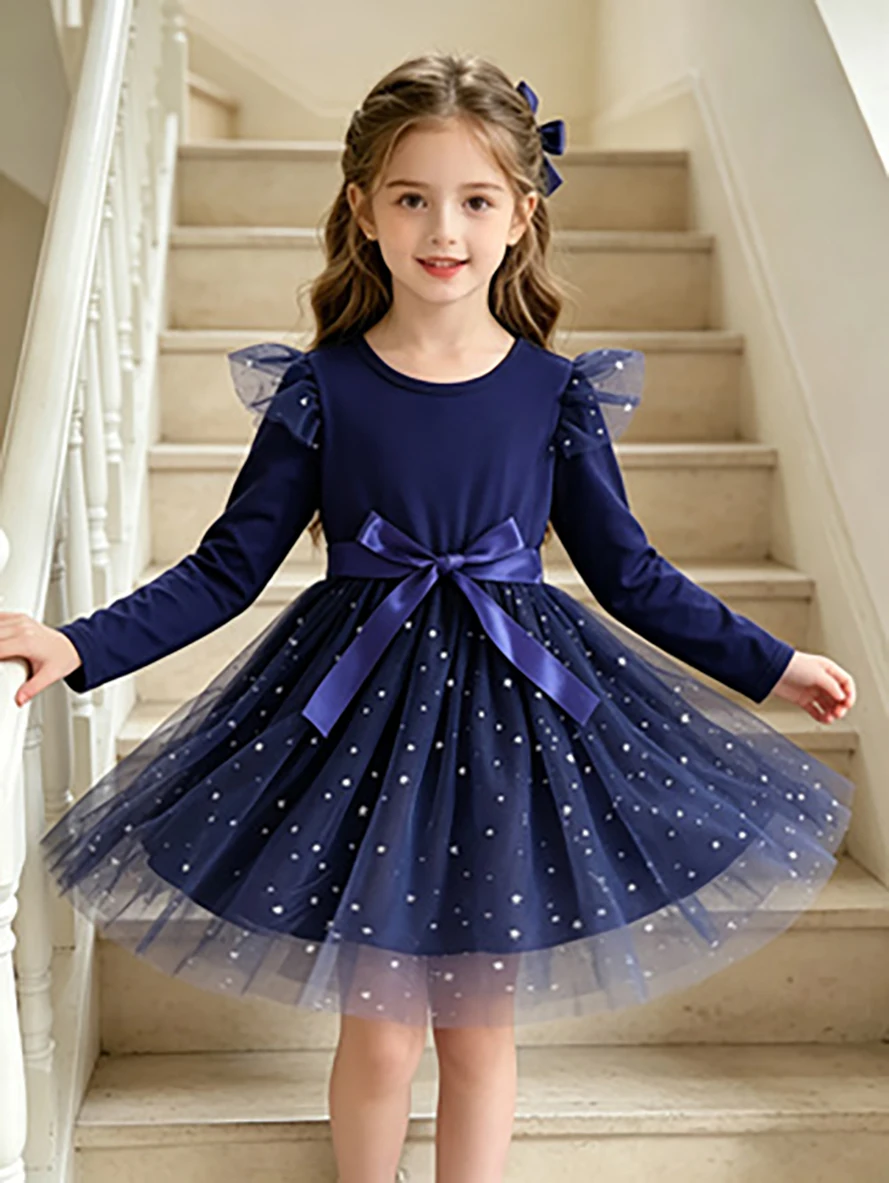 Marineblaues Strass-Tüll-Tutu-Kleid für Mädchen, A-Linien-Kleid im Prinzessinnenstil für Frühling und Herbst – Detail 1