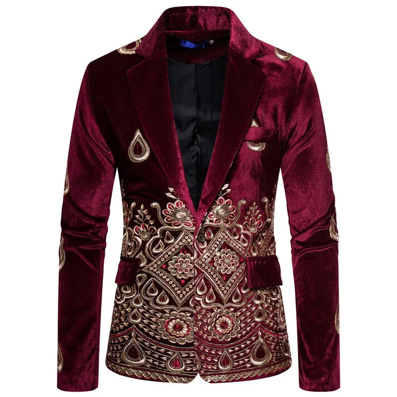 High Quality Men\'s  Blazer Costume Stage Jacket Suit Male Velvet  Gold Thread Embroidered Dress Suit for Men