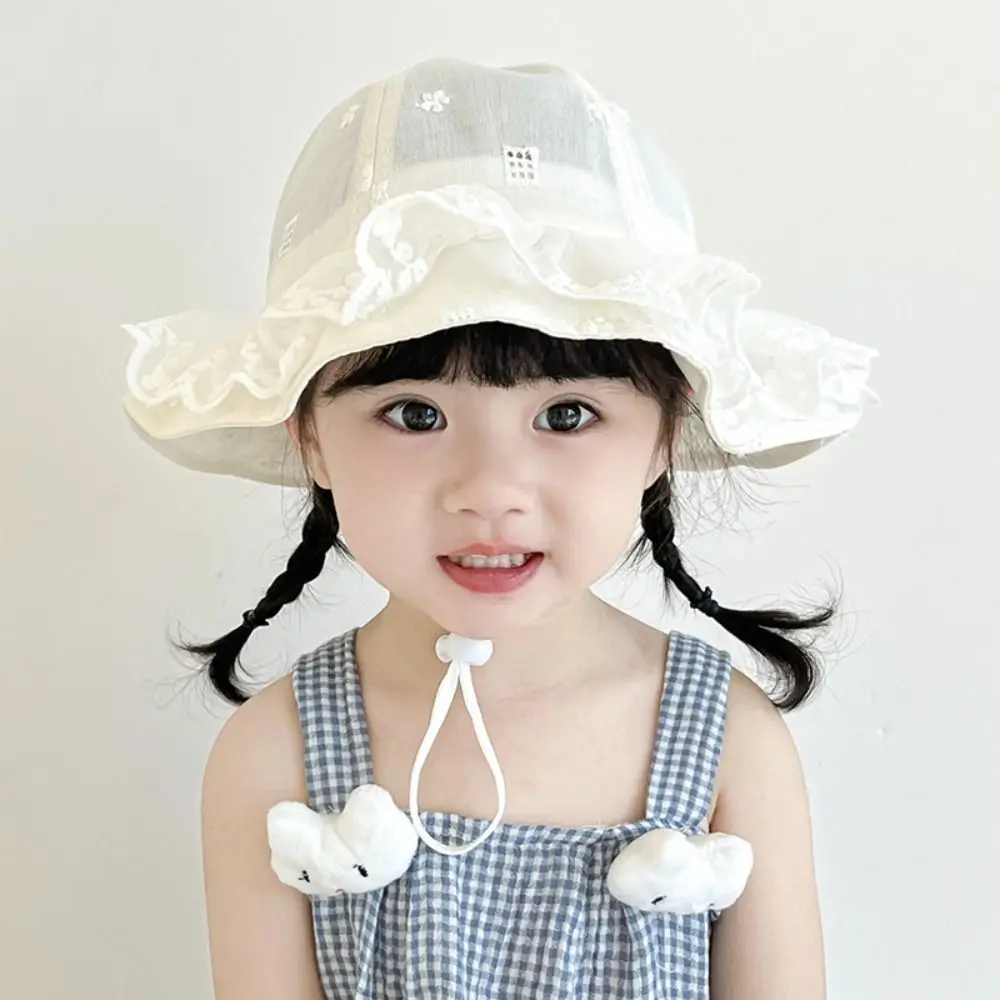 

Lovely Sweet White Lace Bucket Hat Sunscreen with Rope Toddler Sun Hat Ruffle Princess Baby Fishermen Hat Infant