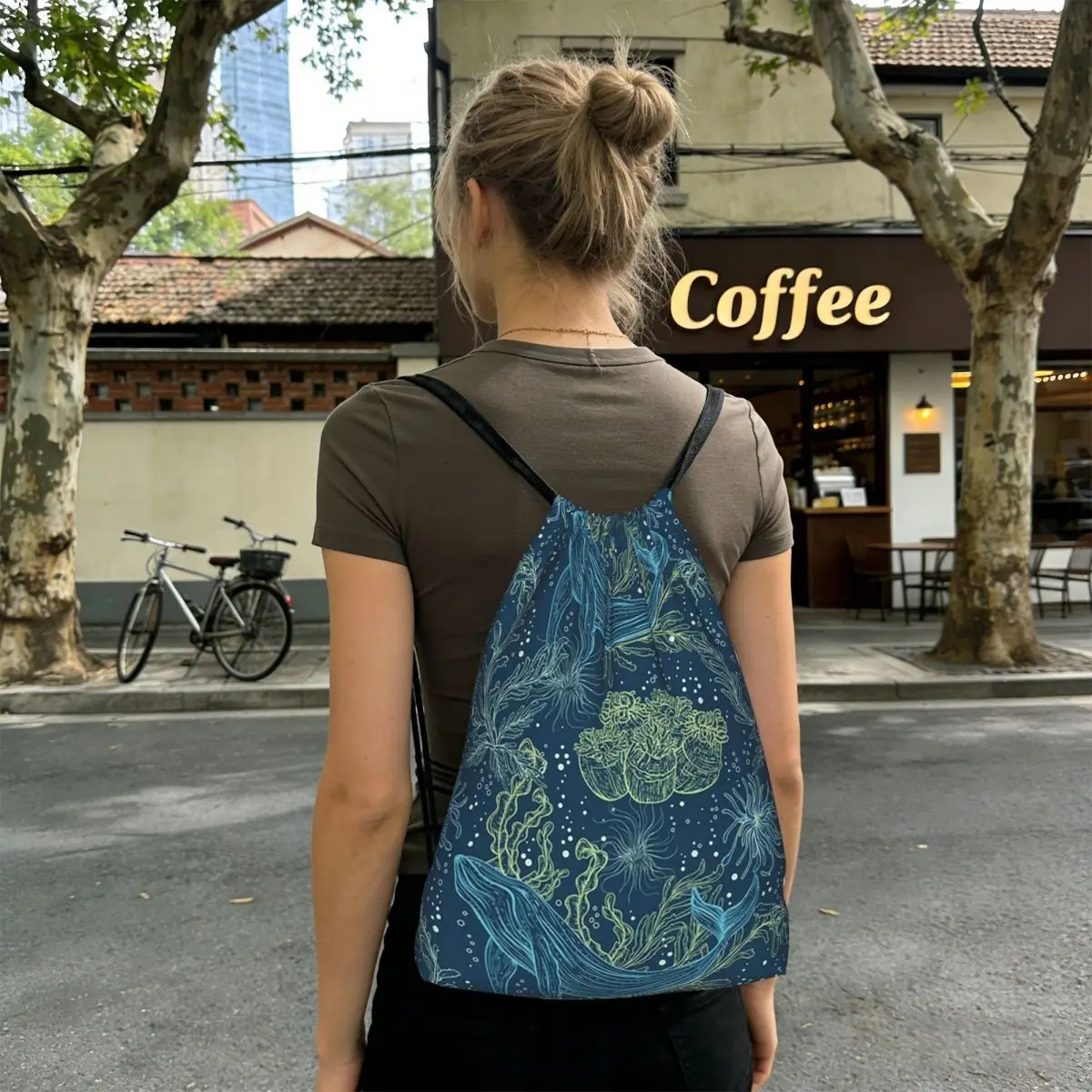 Blue Deep Sea Jellyfish Whale Pattern Backpacks Casual Drawstring Bags Sports Bag Book Bags for Travel School