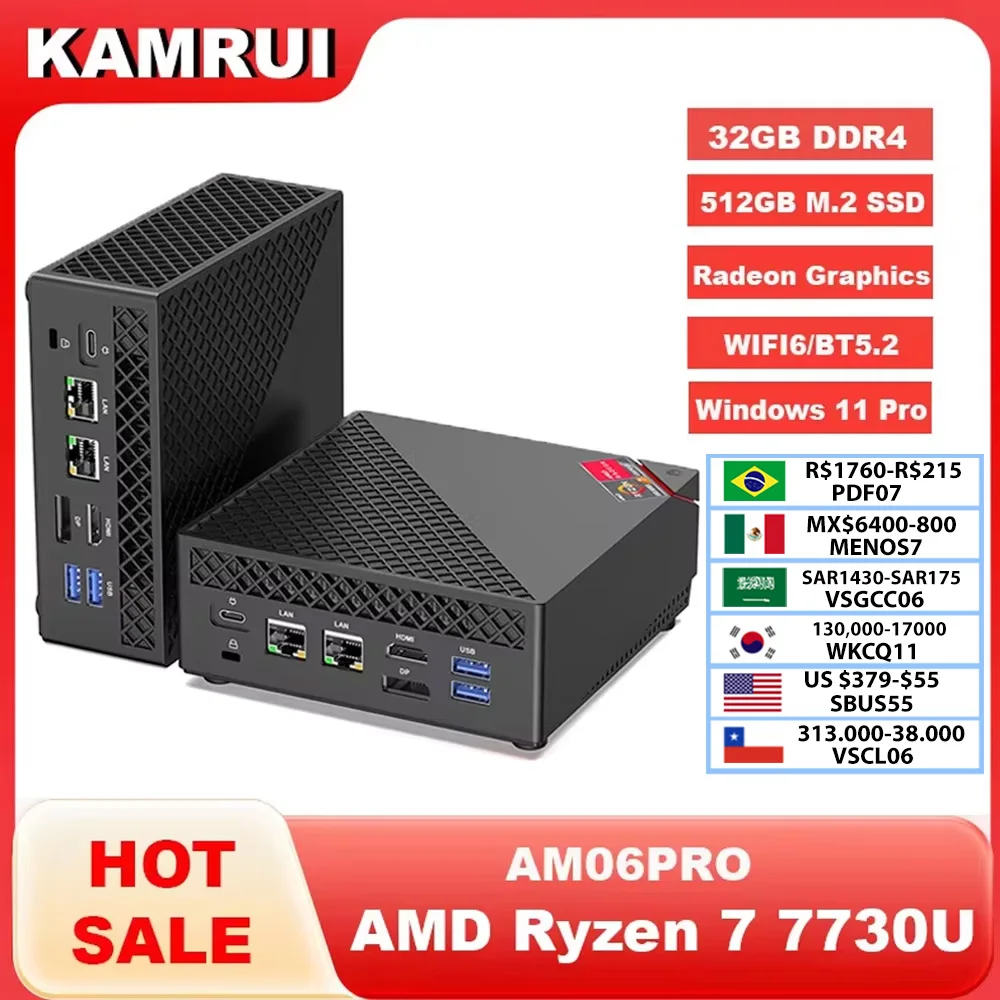카므루이 미니 PC R7 7730U 듀얼 채널 32GB DDR4 512GB SSD 윈도우11 프로 WiFi6 BT5.2 트리플 4K 디스플레이 데스크탑 컴퓨터 (사무실/가정용)