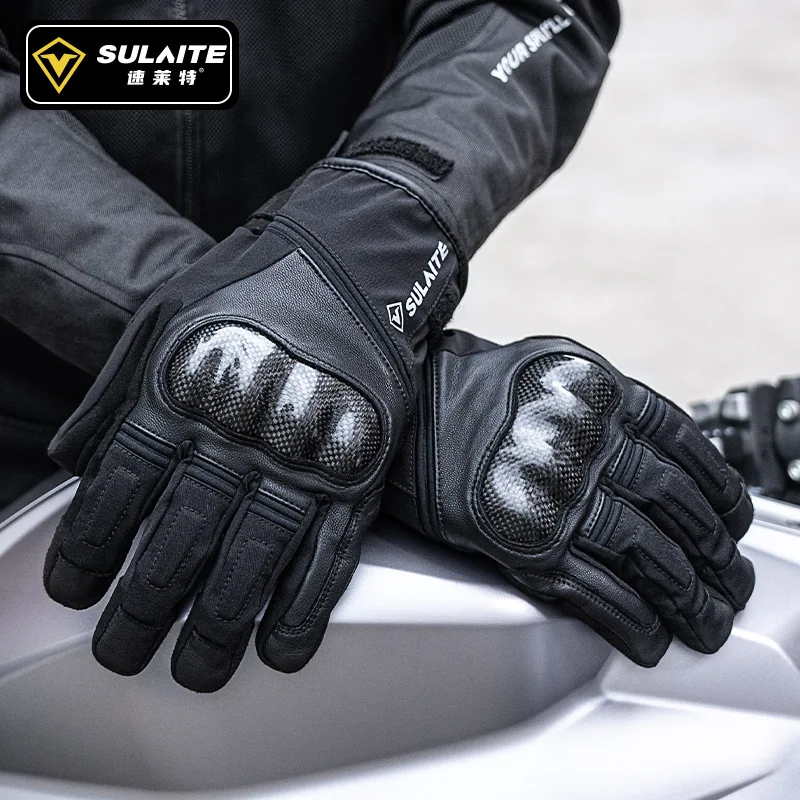 SULAITE Winter Motorcycle Gloves Goatskin Leather Waterproof Touchscreen Warm Anti-Slip Hard Knuckle Moto Gloves Biker Men Women