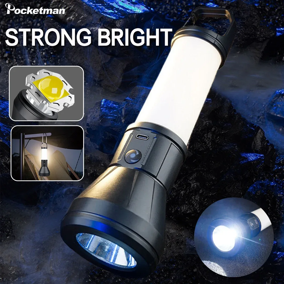 

Super Bright LED Flashlight Type-C USB Rechargeable Flashlights Hight Lumen 4 Modes Torch wih Tail Hook COB Side Lights