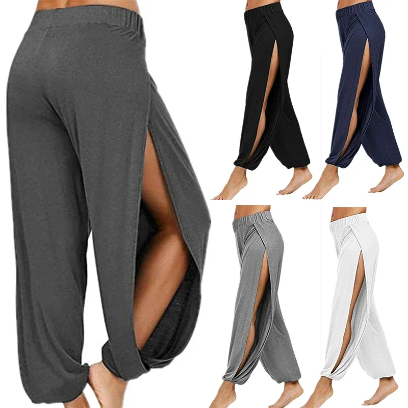 Summer High Slit Haren Pants for Women Sports Yoga Pants Solid Loose Hippie Harem Wide Leg Pants Trousers