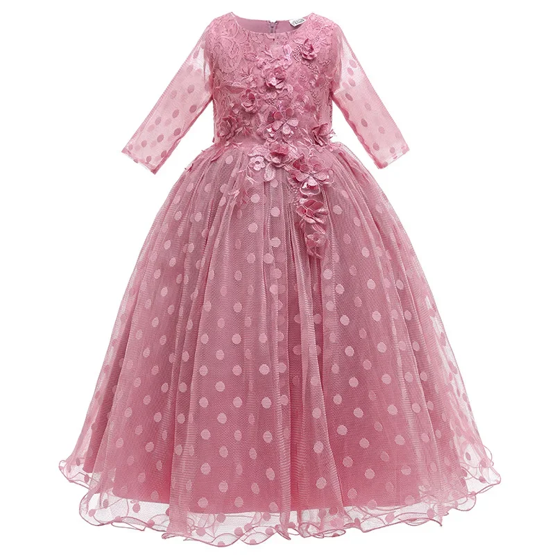 Vestido de manga larga para niños, vestido completo de lunares, flores decorativas, estilo de princesa británica, otoño e invierno, nuevo