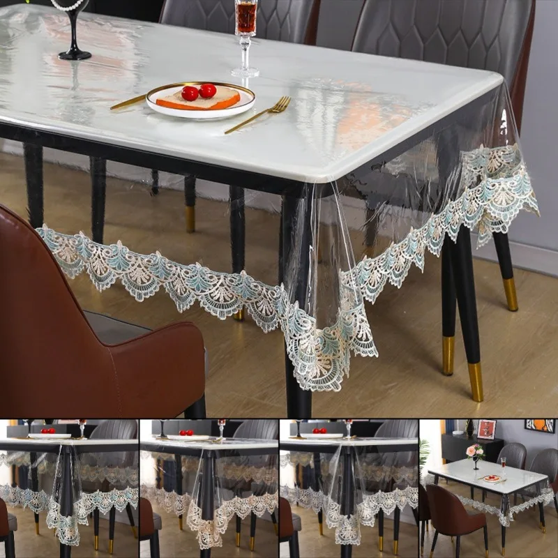 Rectangle PVC Transparent Tableclothes Waterproof Oil Resistant Crystal Glass Table Mat Lace Lined Tableclothes Table Cover